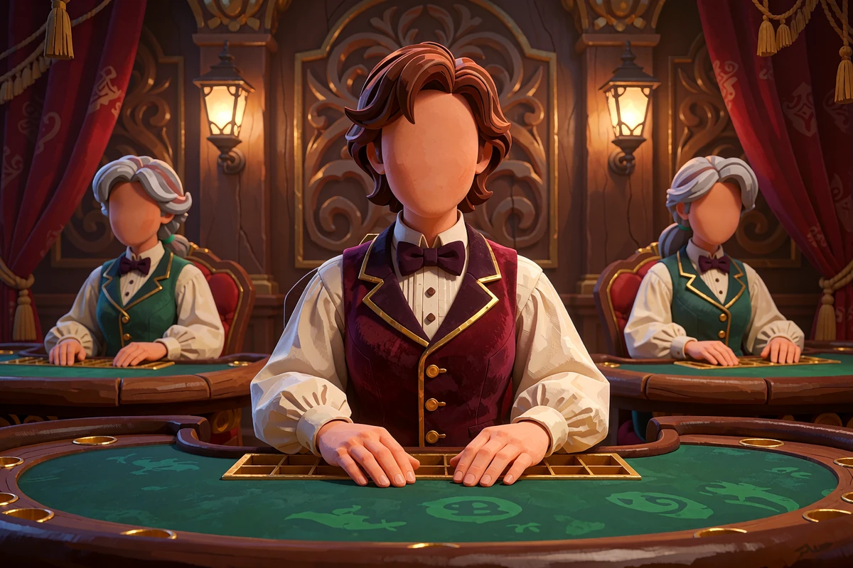 Illustration af tre live casino-dealere ved gr&oslash;nne spilleborde i et varmt oplyst rum, set gennem et messingko&oslash;je