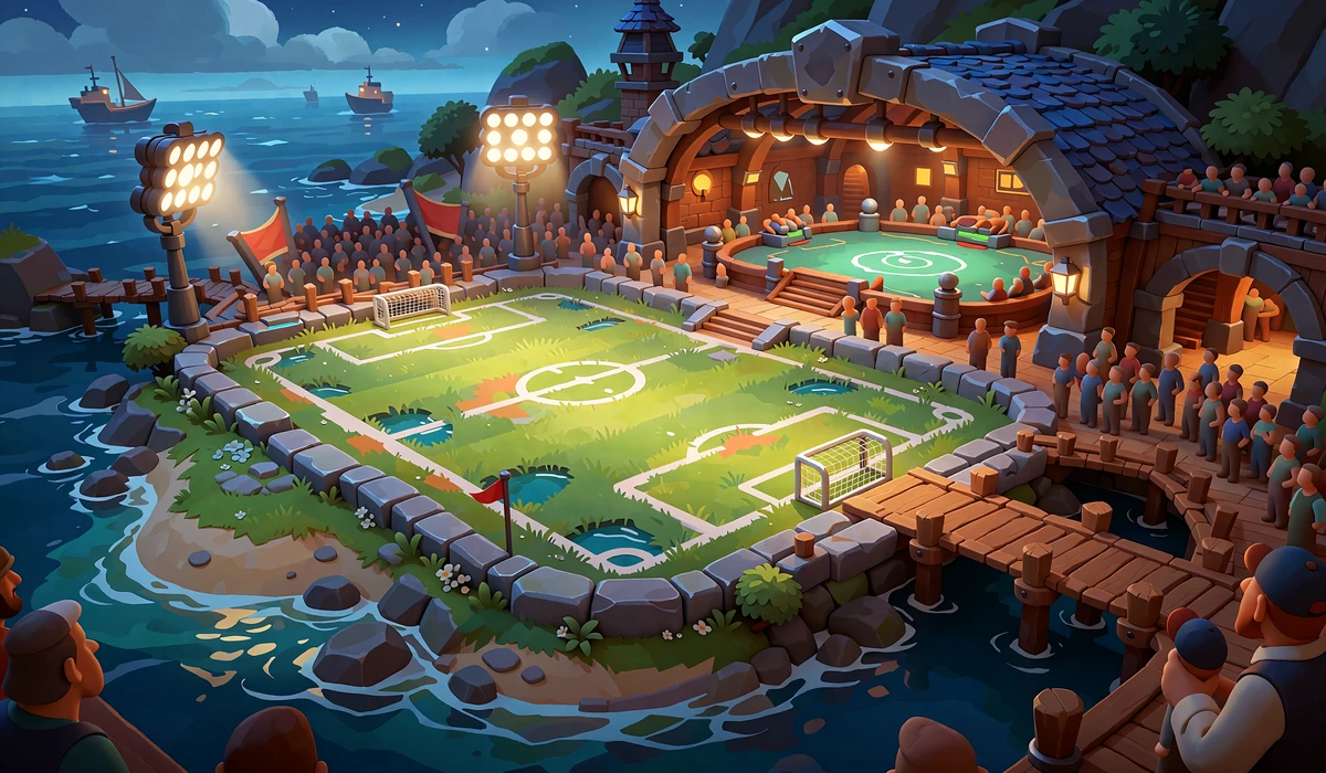 Illustration af en flodlyst fodboldbane p&aring; en havne&oslash; ved siden af en indend&oslash;rs gamingarena set gennem brede buer